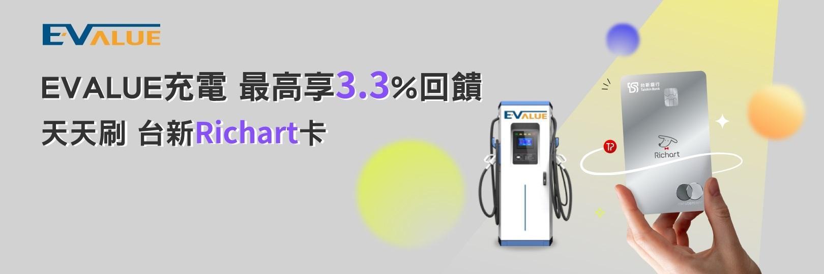 EVLUE充電 享最高3.3%，天天刷Richart卡