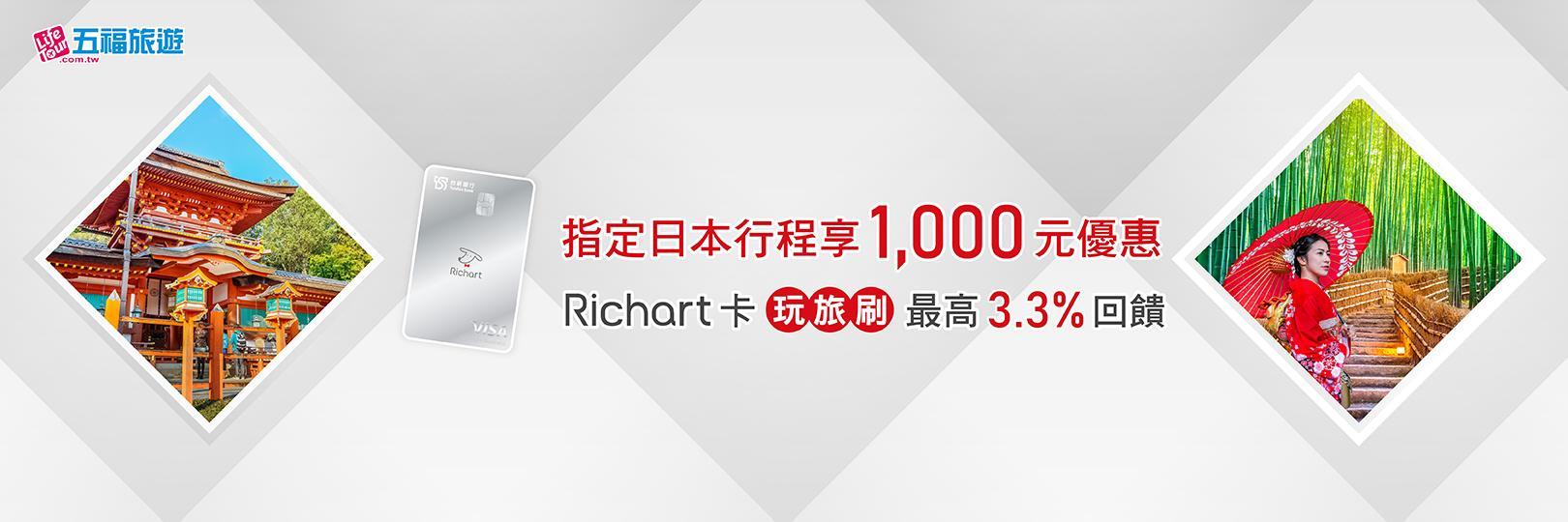 五福旅遊行程折1,000元，台新指定卡再享最高3.3%